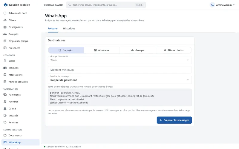 Relances WhatsApp — Madrasati